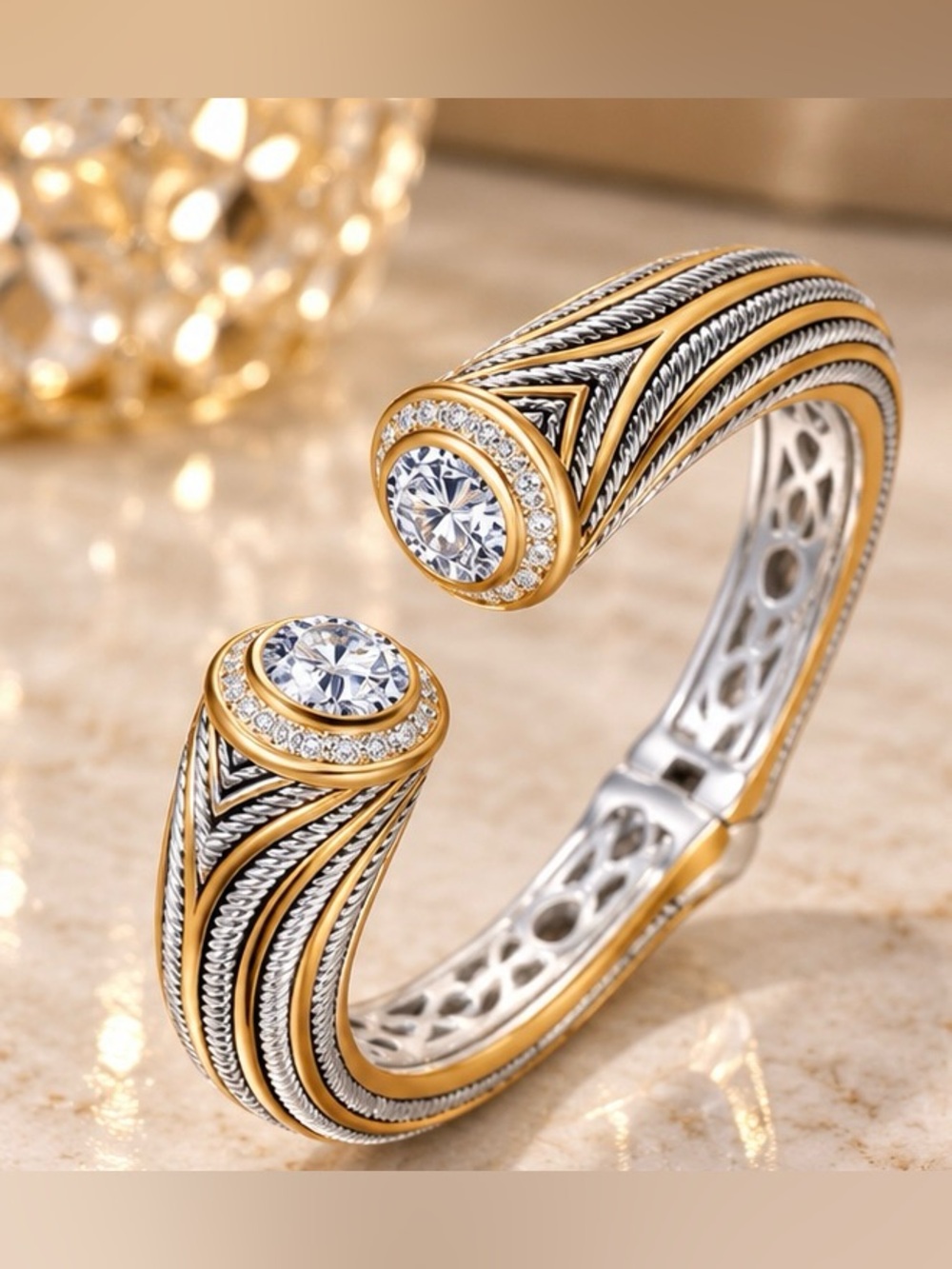 Two Tone Clear Crystal Open Cuff Bracelet Statement Jewelry